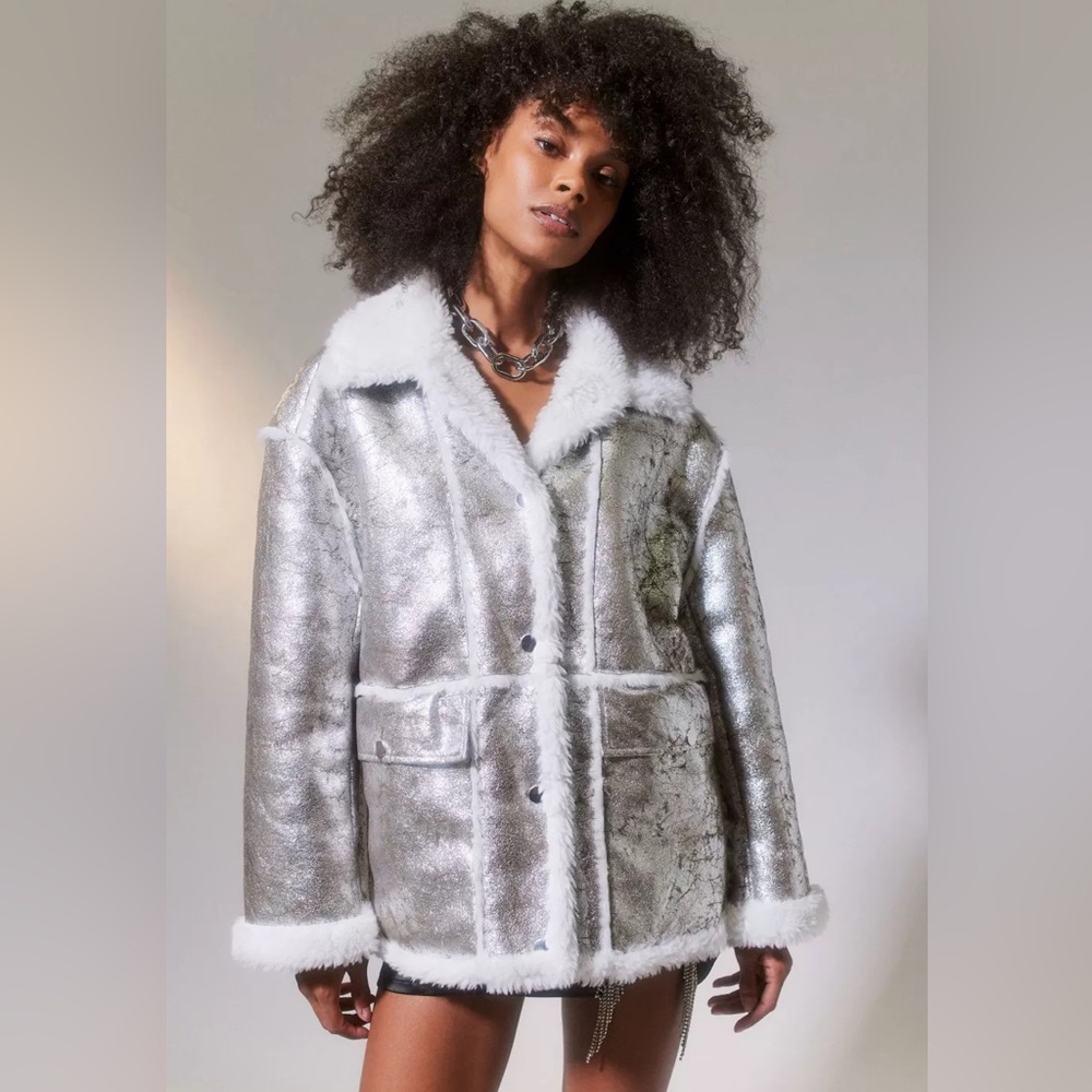 Silver Faux-Shearling Jacket with White Trim